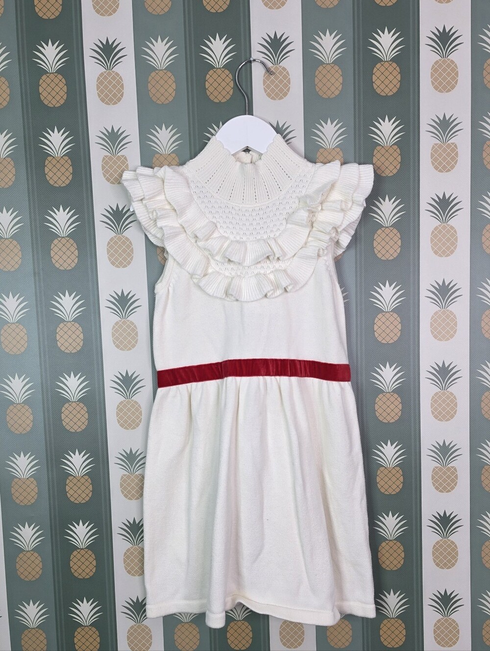 Janie and Jack Knit White Ruffled Neck Dress with Red Waistband